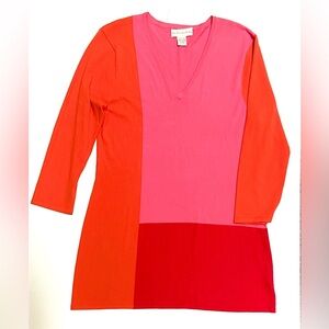Vintage Doncaster Red/Pink/Orange Color Block V Neck Mini Dress.